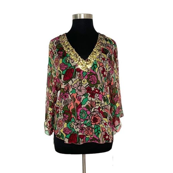 Tom K Nguyen L Multi-Color Floral Silk Top Sheer Sequin Y2K VTG Boho Art To Wear - Picture 7 of 13